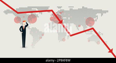 Global Economic Downfall a causa del virus Corona - Design Concept con Chart e imprenditore che tiene la sua testa Illustrazione Vettoriale