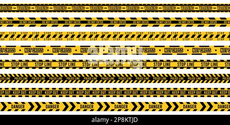 Nastro di polizia giallo. Nastri della scena del crimine e non incrociare la striscia, pericolo avvertimento limitato zona striscia segno, concetto di attenzione di incidente. Set vettoriale Illustrazione Vettoriale