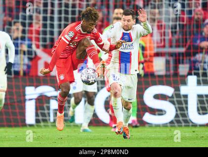 Kingsley Coman, FCB 11 competere per la palla, affrontare, duello, header, zweikampf, Azione, lotta contro Lionel messi, PSG 30 nell'ottava finale partita FC BAYERN MUENCHEN - PARIGI SG 2-0 del calcio UEFA Champions League, partita nella stagione 2022/2023 a Parigi, 08 marzo 2023. Achtelfinale, FCB, Monaco di Baviera, PSG © Peter Schatz / Alamy Live News Foto Stock