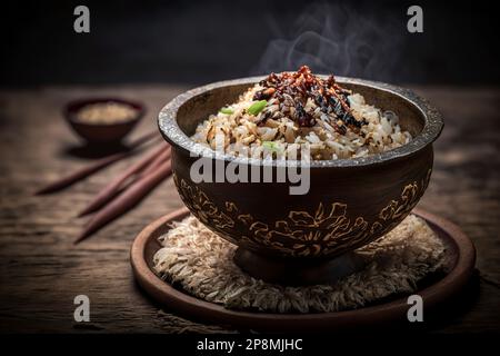 L'arte del riso e della cucina vegetariana in cucina asiatica: Un delizioso piatto di soffice riso Jasmine e fresco Stir-Fried Bok Choy, funghi Shiitake, Foto Stock