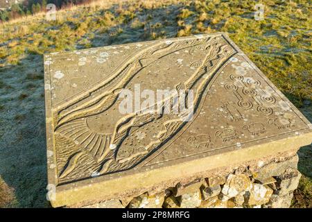 Sculture dell'artista Mary Kenny sulla cima di Pirn Hill e Iron Age Hill Fort sopra Innerleithen, Scozia Foto Stock