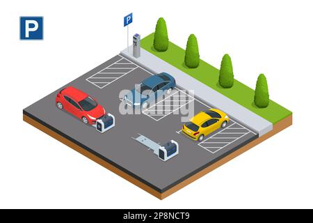 Robot isometrico parcheggiatore auto. Robot con parcheggiatore all'aperto. Sistemi di parcheggio automatizzati per auto carrelli elevatori a forche autoguidati. Sistema di parcheggio automatico. Illustrazione Vettoriale