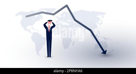 Global Economic Downfall causato dal virus Corona Pandemic - Design Concept con Chart e imprenditore che tiene la sua testa Illustrazione Vettoriale