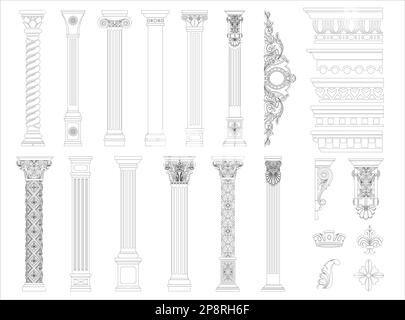 Colorazione contornante Set di elementi classici per colonne Illustrazione Vettoriale