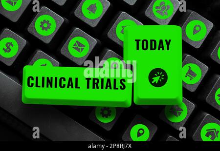Testo che mostra Inspiration Clinical Trials. Parola per indagine di ricerca ai nuovi trattamenti alla gente Foto Stock