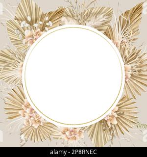 Corona floreale con foglie di palma secche e fiori di orchidee tropicali in stile Boho. Illustrazione a acquerello disegnata a mano della cornice esotica circolare su sfondo isolato. Modello per biglietti d'auguri. Foto Stock
