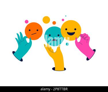 Collezione di mani colorate che tengono emoji. Feedback, social media, illustrazioni del concetto del sito web del tema della comunicazione Illustrazione Vettoriale