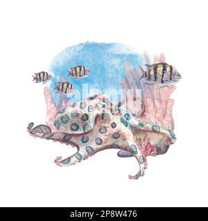 Un polpo striscia sul fondale vicino a pesci tropicali striati. Acquerello illustrazione di esotici animali subacquei e coralli. La composizione è sui Foto Stock