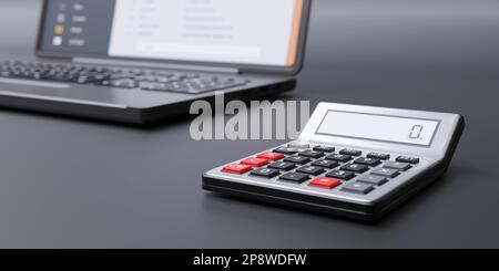 Calcolatrice digitale color argento, schermo zero e computer portatile aperto sullo sfondo del tavolo dell'ufficio. Business, piano di strategia finanziaria concetto. rendering 3d Foto Stock
