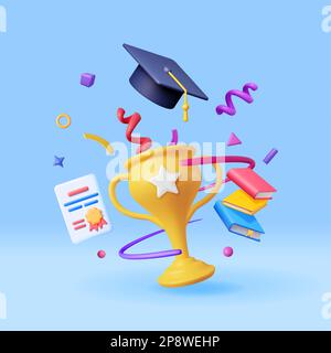 3D Gold Trophy, Stack di libri e cappellino di laurea Illustrazione Vettoriale