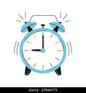 Sveglia, orario di sveglia. Sveglia in stile doodle. Orologio blu, campanello Illustrazione Vettoriale