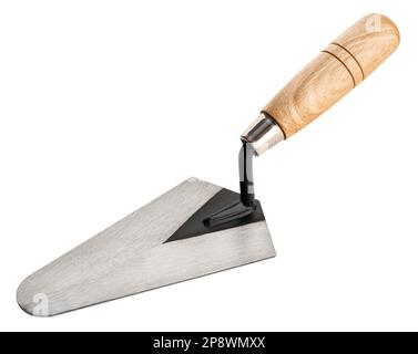 Nuova cazzuola Mason isolata su sfondo bianco. Utensile da costruzione Foto Stock