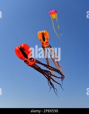 Tre Octopus Kites contro il cielo blu Foto Stock