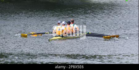 ST NEOTS, CAMBRIDGESHIRE, ENGAND - 23 LUGLIO 2022: Mens fours Sculling sul fiume da vicino. Foto Stock