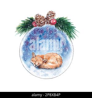 Palla di neve con volpe addormentata. Decorazioni natalizie dipinte a mano in acquerello isolate su sfondo bianco. Illustrazione adatta per cartoline Foto Stock
