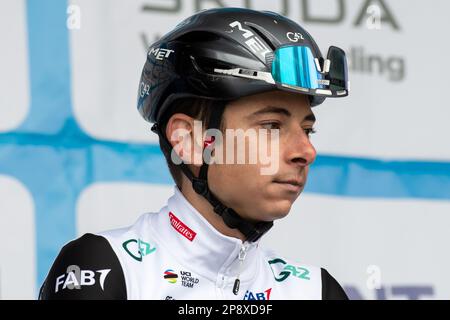 Guilherand Granges, Francia. 25th Feb, 2023. Ritratto del pilota Davide Formolo del Team Emirati Arabi Uniti. Il Faun Ardeche Classic è una gara ciclistica di un giorno che si tiene il 25 febbraio 2023. Questa edizione è stata vinta dal francese Julien Alaphilippe (squadra Soudal Quick-STEP) davanti al suo connazionale David Gaudu, (squadra Groupama-fdj) secondo e dal pilota danese Mattias Skjelmose (squadra Trek-Segafredo) terzo. (Foto di Laurent Coust/SOPA Images/Sipa USA) Credit: Sipa USA/Alamy Live News Foto Stock