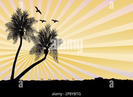 silhouette di due palme da cocco con fiori e erba e alcuni uccelli che volano al tramonto Illustrazione Vettoriale