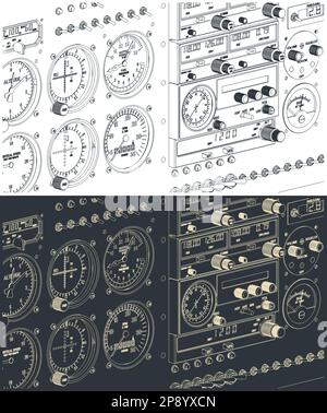 Illustrazioni vettoriali stilizzate di un primo piano del pannello di controllo di un aereo Illustrazione Vettoriale