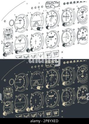 Illustrazione vettoriale stilizzata di un primo piano del pannello di controllo di un aereo Illustrazione Vettoriale