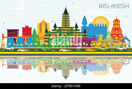 Skyline di Rishikesh India City con edifici a colori, cielo blu e riflessi. Illustrazione vettoriale. Viaggi d'affari e turismo. Illustrazione Vettoriale