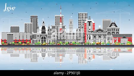 Lviv Ukraine City Skyline con edifici a colori, cielo blu e riflessi. Illustrazione vettoriale. Paesaggio urbano di Lviv con punti di riferimento. Illustrazione Vettoriale