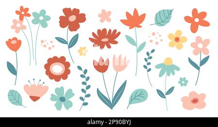 Set di fiori primaverili. Collezione di elementi floreali e fogliari. Illustrazione Vettoriale