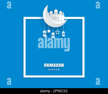 Biglietto d'auguri Ramadan Kareem con bordo per lo sfondo del testo. EID Mubarak carta arte banner disegno illustrativo. Illustrazione Vettoriale