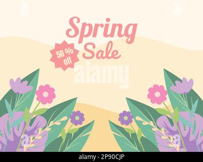 Illustrazione della bandiera di vendita di primavera con le foglie e fiori vettore piatto illustrazione. Illustrazione Vettoriale