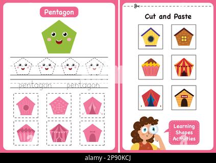 Pagina dell'attività imparare le forme - Pentagono. Fogli di lavoro per forme geometriche per bambini Illustrazione Vettoriale