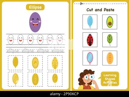 Pagina attività apprendimento forme - ellisse. Fogli di lavoro per forme geometriche per bambini Illustrazione Vettoriale