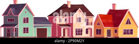 Set di cartoni animati di case con garage isolati su sfondo bianco. Illustrazione vettoriale di edifici di cottage facciata con porte, finestre, muro di mattoni di colore Illustrazione Vettoriale