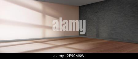 3d vuota stanza realistica angolo rendering con parete grigia e pavimento in legno in vettore. Effetto gobo luce solare dalla finestra all'interno della scena. Contemporaneo interno mo Illustrazione Vettoriale