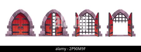 Le porte del castello medievale aprono animazione cartoon vettoriale asset. Set di vecchio cancello di legno ingresso alla prigione con arco di pietra. Portale di gioco fantasy. Isolo pesante Illustrazione Vettoriale