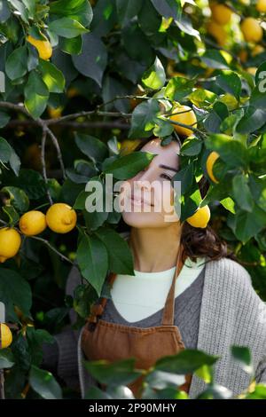 Donna contadina di limoni. Il giardiniere che raccoglie i limoni nel cestino. Agricoltore sorridente che trasporta limoni freschi al mercato agricolo per la vendita. Azienda agricola busine Foto Stock