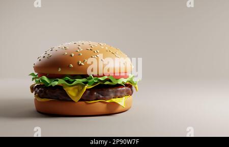 Illustrazione minimalista di cheeseburger su sfondo beige. rendering 3d Foto Stock