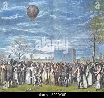 Ballonfahrt in Nürnberg, Deutschland, von Jean-Pierre Blanchard, 1753 - 1809, einem französischen Erfinder, Der als Pionier der Ballonfahrt bekannt ist, Historisch, ristorante digitale Reproduktion von einer Vorlage aus dem 19. Jahrhundert Foto Stock