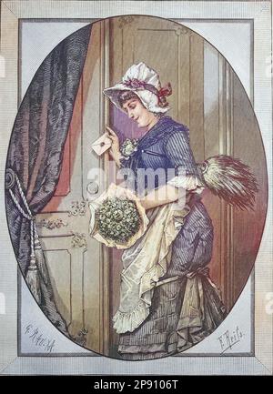 Neujahrswunsch, Kammerzofe mit Blumenstrauß und Neujahrsglückwünschen an der Tür, Historisch, digital restaurierte Reproduktion von einer Vorlage aus dem 19. Jahrhundert Foto Stock