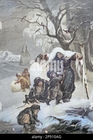 Das Erscheinen des Winters, symbolische Darstellung eines Frau Holle Effekts, Frau bringt den Schnee ueber das Land, Historiisch, digital restaurierte Reproduktion von einer Vorlage aus dem 19. Jahrhundert Foto Stock