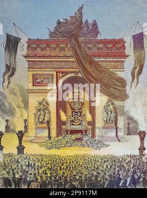 Die Ausstellung der Leiche von Viktor Hugo unter dem Triumpfbogen a Parigi, Frankreich, Victor Marie Hugo, 1802 - 1885, è stato un poeta, romanziere e drammaturgo francese del movimento romantico, Historiisch, ristorante digitale Reproduktion von einer Vorlage aus dem 19. Jahrhundert Foto Stock