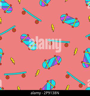 Motivo senza cuciture con skateboard e bulloni, motivo elementi retrò, disegno vettoriale piatto stile doodle Illustrazione Vettoriale