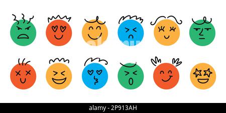 Divertente set di icone Emoji, Emoticon Doodle Faces Illustrazione Vettoriale