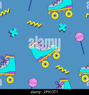 Motivo senza cuciture con pattini retrò, forme lolly pop e geometriche, motivo elementi retrò, disegno vettoriale piatto in stile doodle Illustrazione Vettoriale