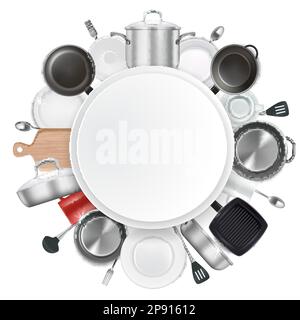 Cornice con utensili da cucina e piatti, rappresentazione vettoriale realistica Illustrazione Vettoriale