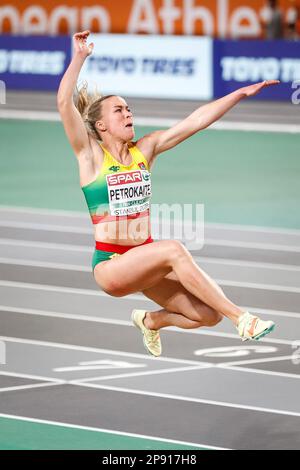 Istanbul, Turchia, 4 marzo 2023. Jogaile Petrokaite di Lituania compete in donne di salto lungo durante i campionati europei di atletica 2023 - giorno 2 all'Arena di Atakoy a Istanbul, Turchia. Marzo 4, 2023. Credito: Nikola Krstic/Alamy Foto Stock