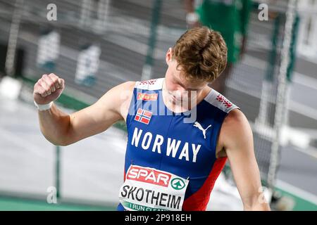 Istanbul, Turchia, 4 marzo 2023. Sander Skotheim di Norvegia reagisce in Shot Put Men Heptathlon durante i Campionati europei di atletica 2023 - Day 2 presso l'Atakoy Arena di Istanbul, Turchia. Marzo 4, 2023. Credito: Nikola Krstic/Alamy Foto Stock