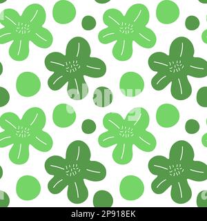 Motivo floreale verde senza cuciture con gocce e foglie. Tessuto e motivo a trama su sfondo bianco. Illustrazione Vettoriale