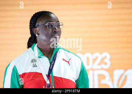 Istanbul, Turchia, 4 marzo 2023. Auriol Dongmo del Portogallo reagisce durante la cerimonia di medaglia di Shot Put Women durante i Campionati europei di Atletica 2023 - Day 2 presso l'Atakoy Arena di Istanbul, Turchia. Marzo 4, 2023. Credito: Nikola Krstic/Alamy Foto Stock