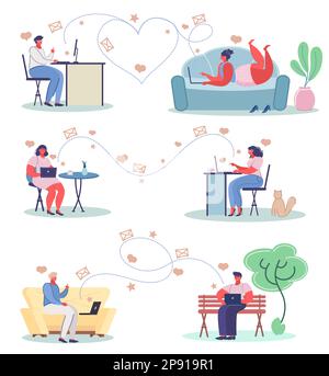 Online dating concetto vettore piano illustrazione set Illustrazione Vettoriale