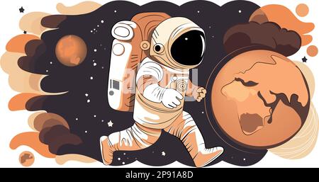 L'astronauta esplora lo spazio essendo pianeta deserto. Tuta spaziale astronauta che esegue attività extra cosmica spazio contro stelle e pianeti sfondo. Volo spaziale umano. Illustrazione vettoriale moderna Illustrazione Vettoriale