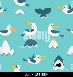 Carino gabbiani, balena e squali modello - divertente disegno vettoriale senza cuciture modello marino. Sfondo blu nautico creativo. Illustrazione vettoriale Illustrazione Vettoriale